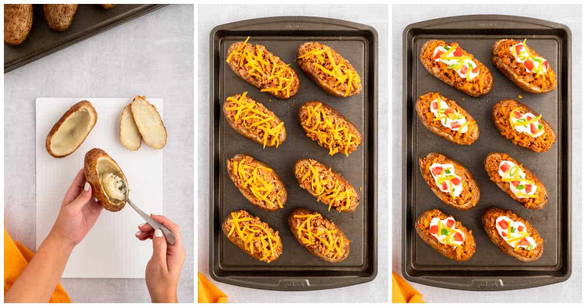 Steps to make chicken taco twice-baked potatoes.