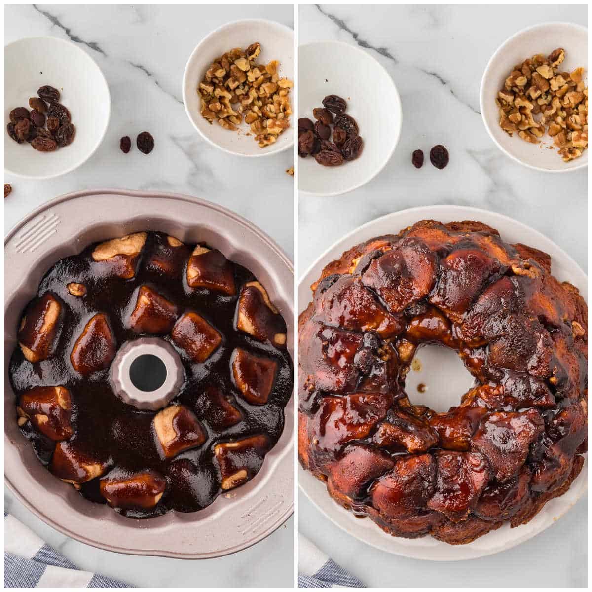 Collage of adding the glaze and baking the recipe.