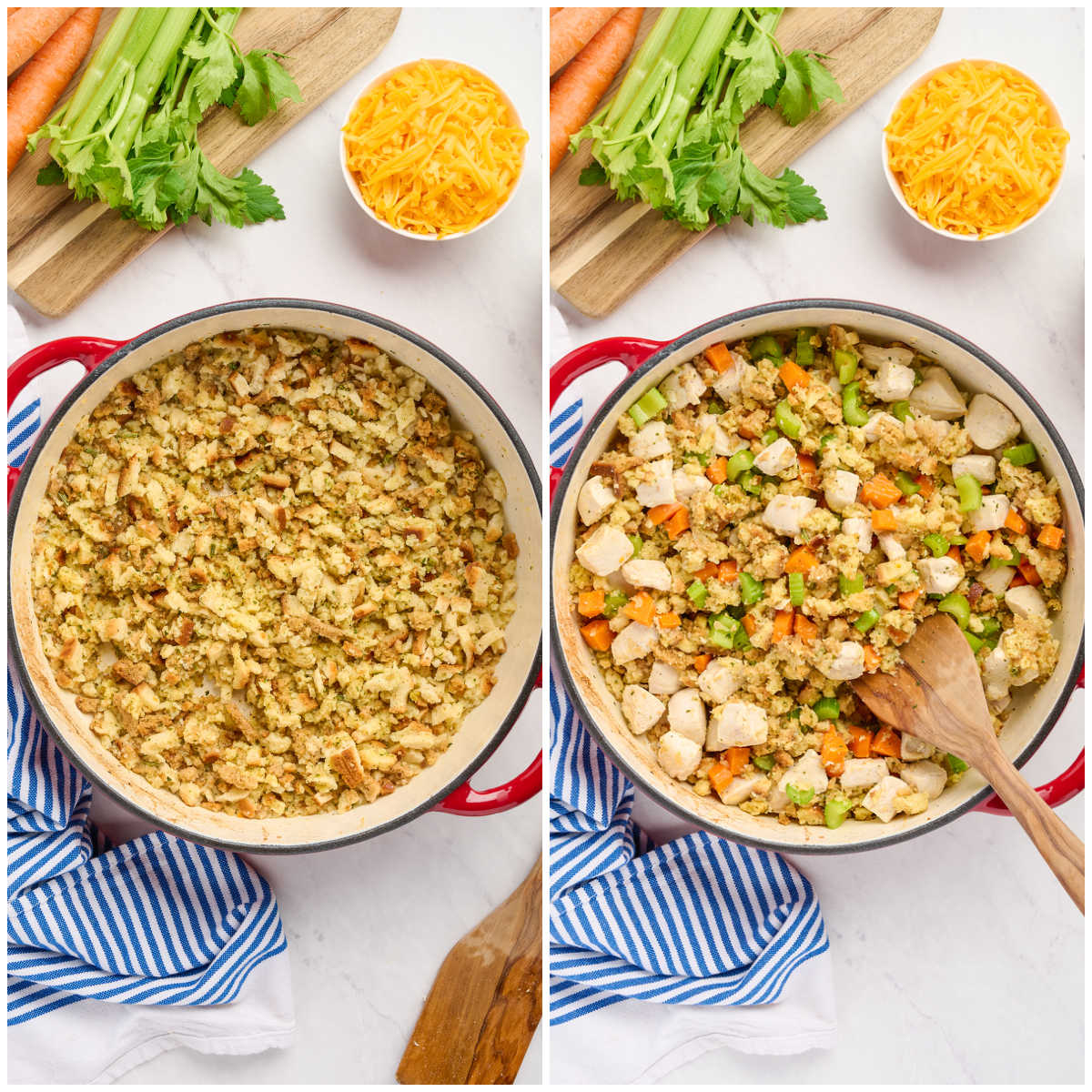 Steps to make one-pot chicken and stuffing.