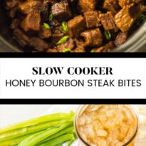 Slow cooker honey bourbon steak bites collage pin.