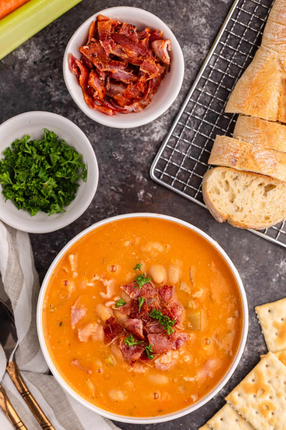 Bean with bacon soup in a bowl.