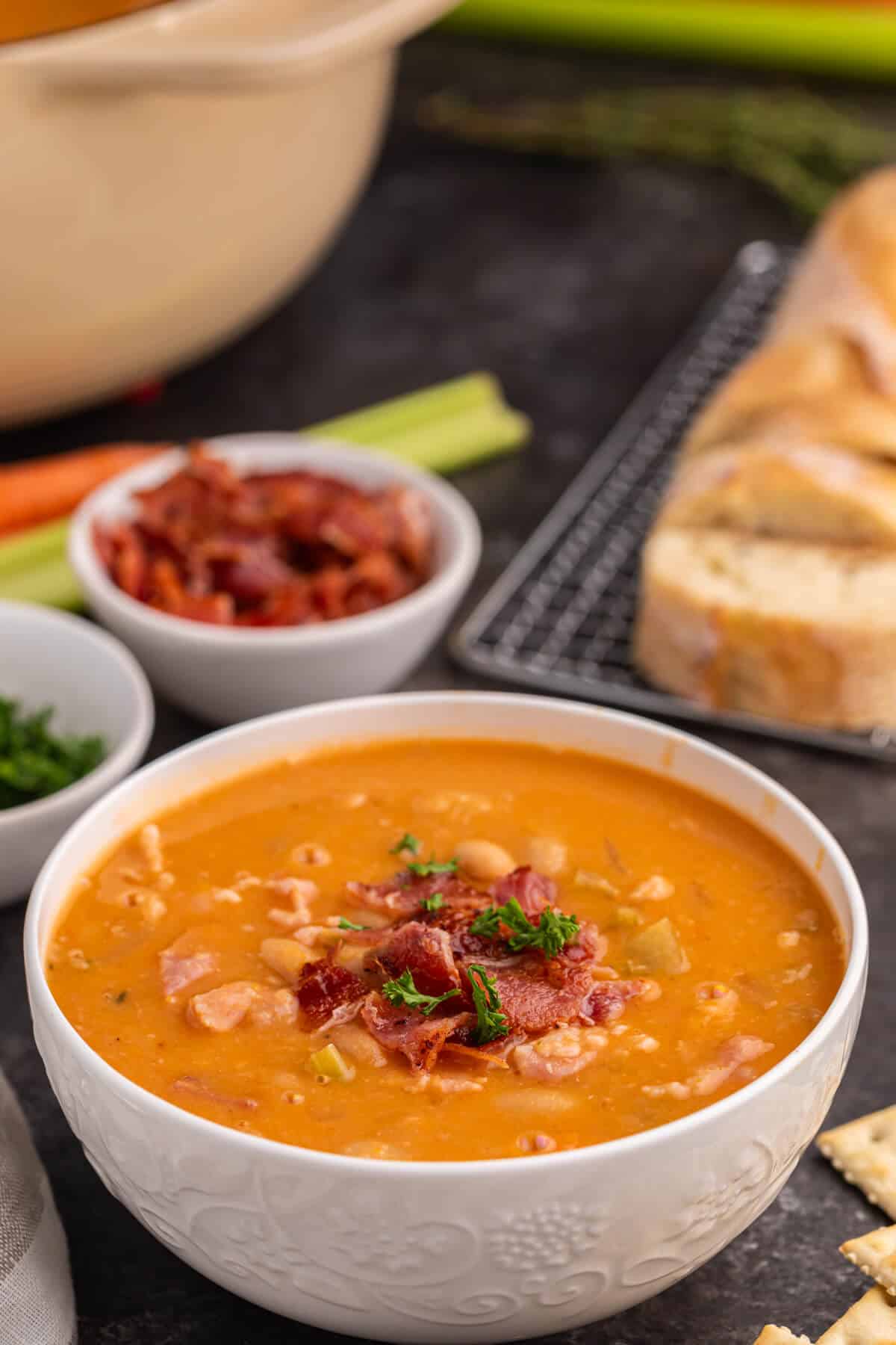 Bean with bacon soup in a bowl.