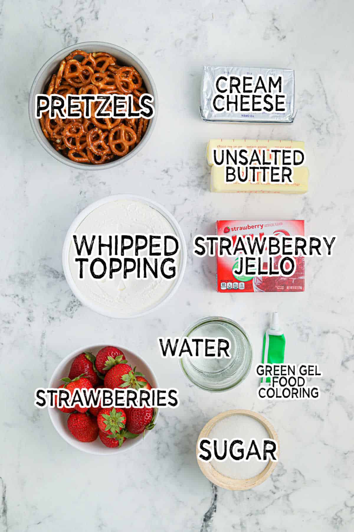 Ingredients to make Christmas pretzel salad.