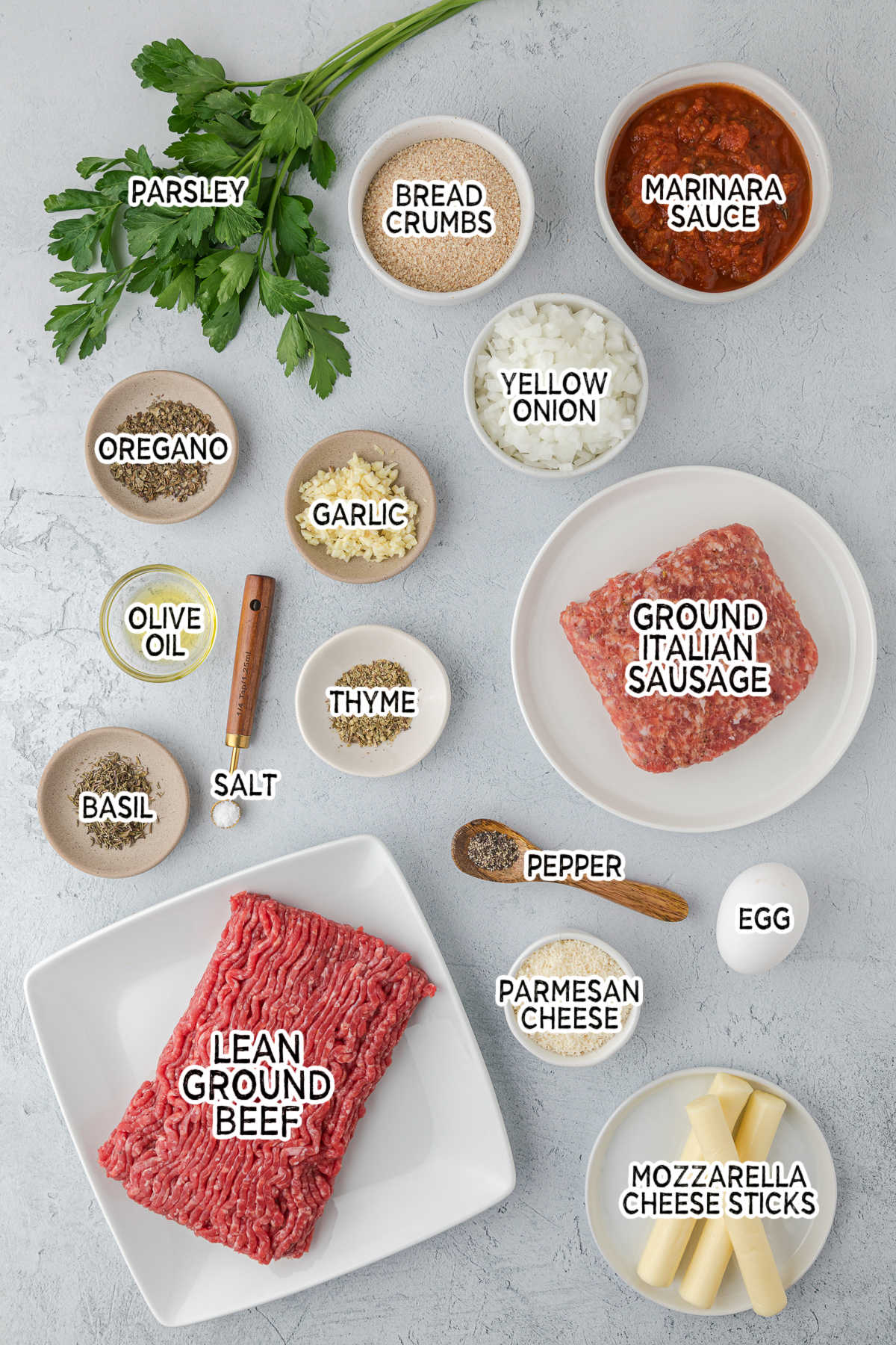 Ingredients to make cheesy meatballs.