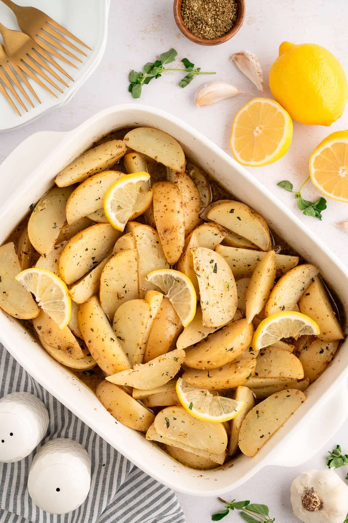 A pan of lemon roasted potatoes.