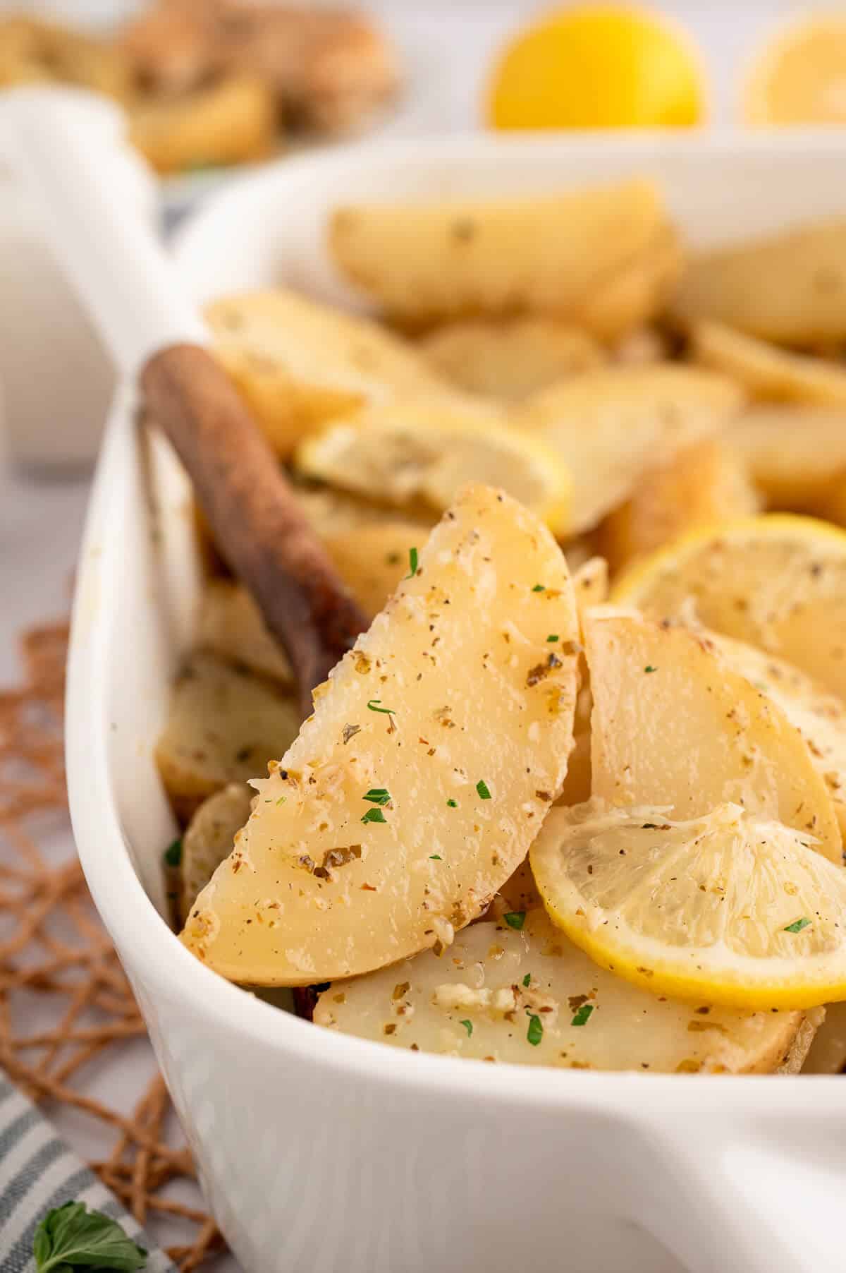 A pan of lemon roasted potatoes.