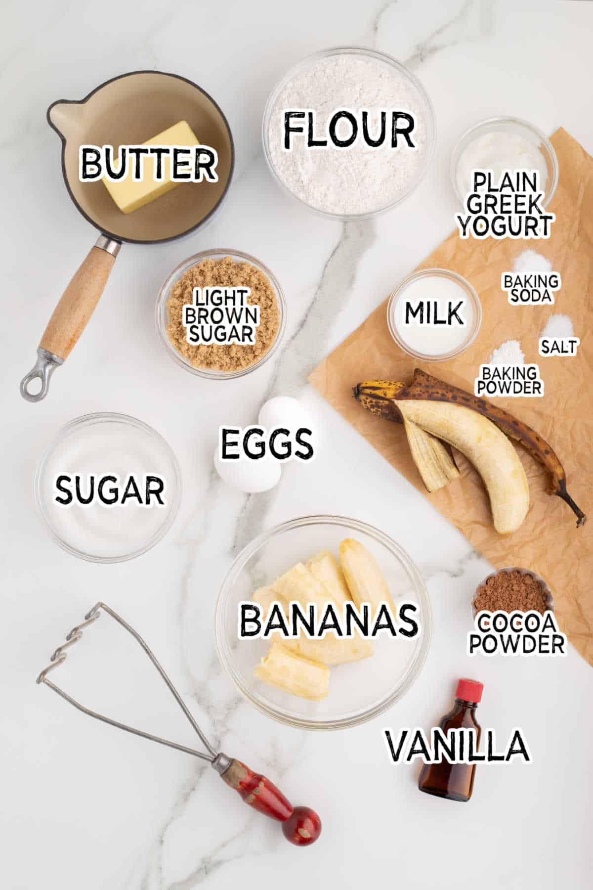 Ingredients to make marbled banana bread.