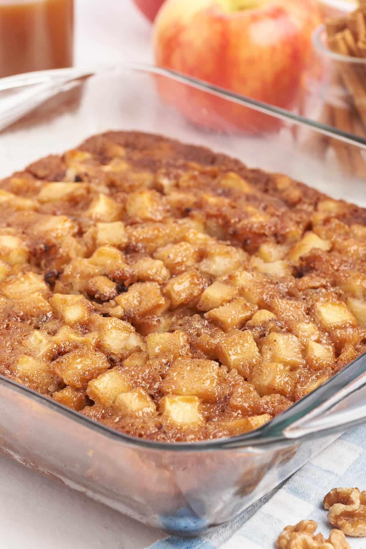 Nobby apple cake in a pan.