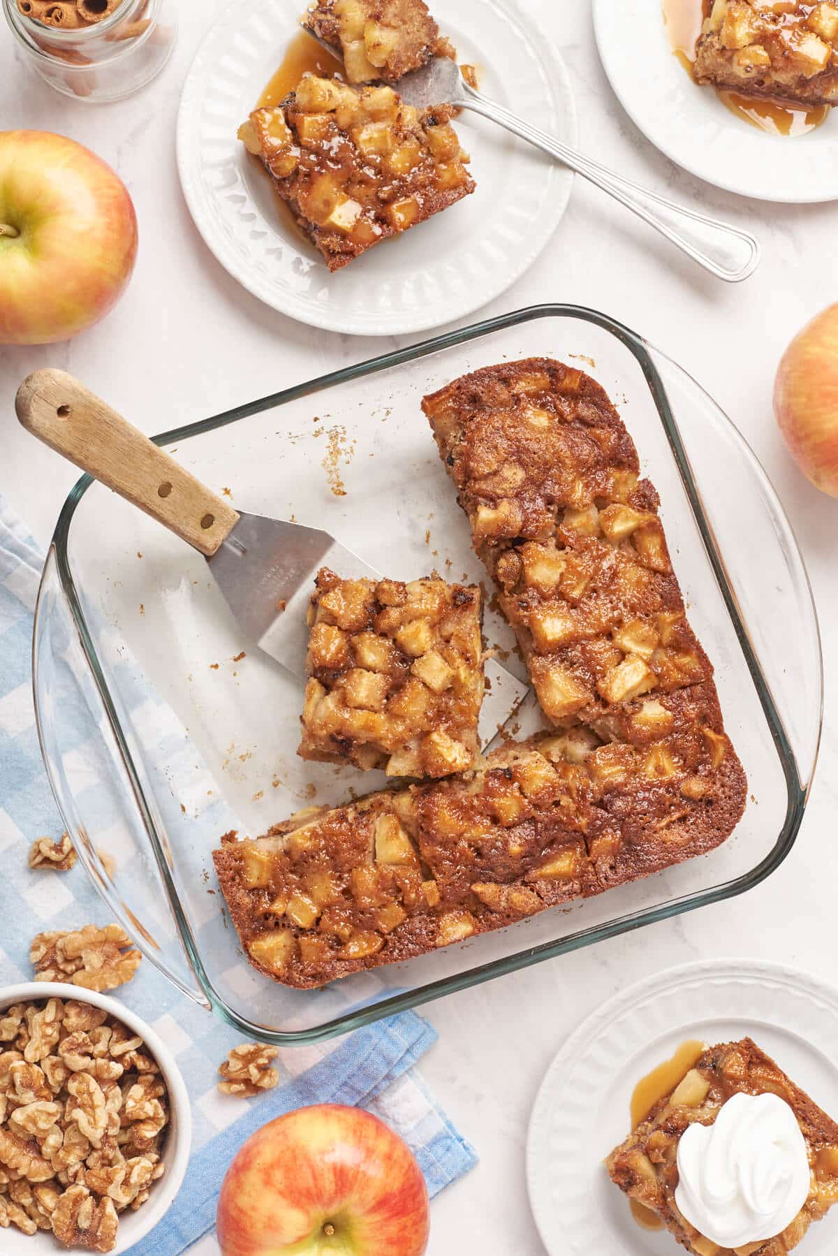 Nobby apple cake pan with slices removed.