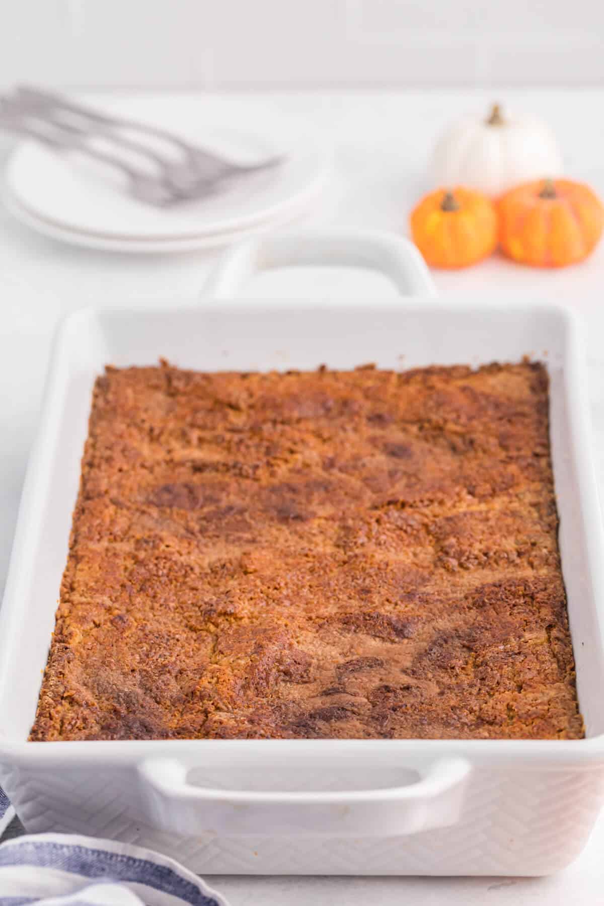 A pan of pumpkin dump cake.