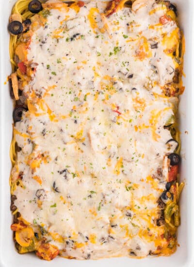 The recipe in a white casserole pan.