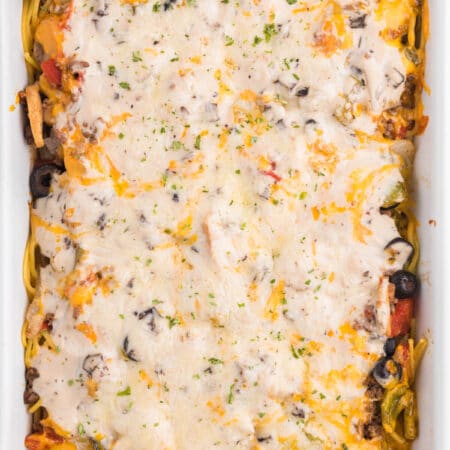 The recipe in a white casserole pan.