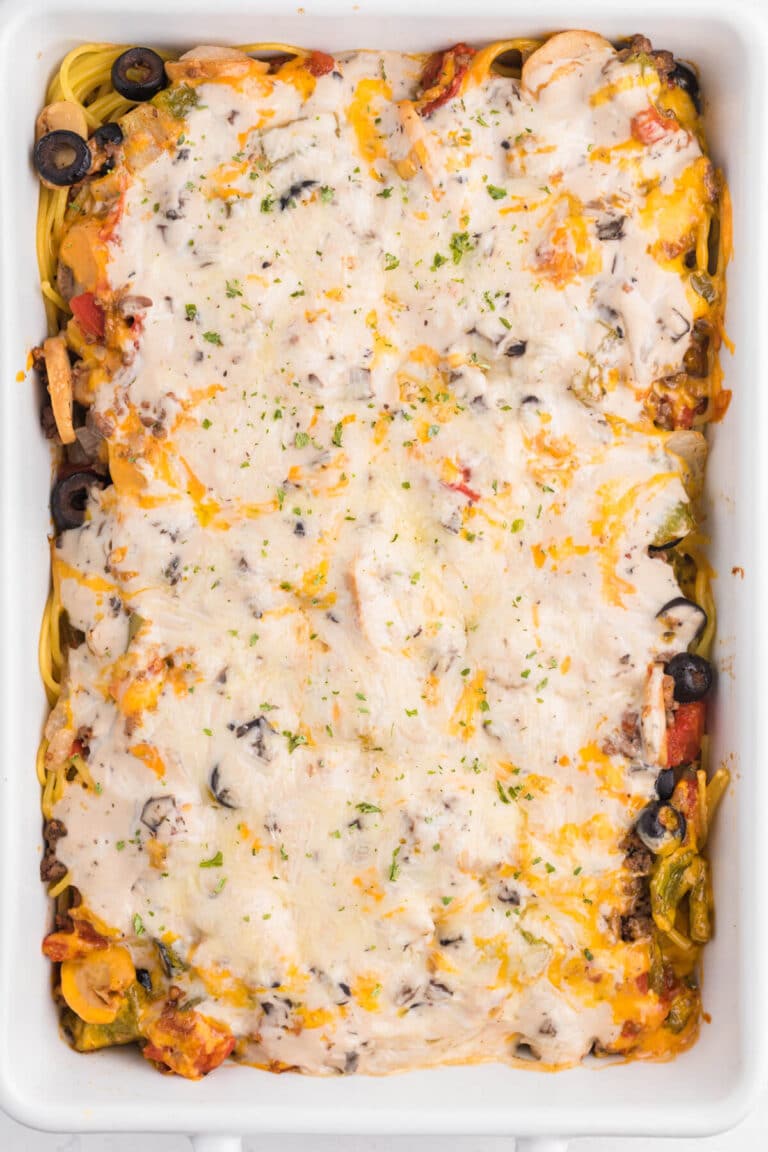 The recipe in a white casserole pan.
