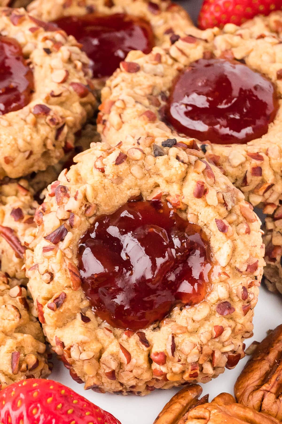 Thumbprint cookies on a plate.