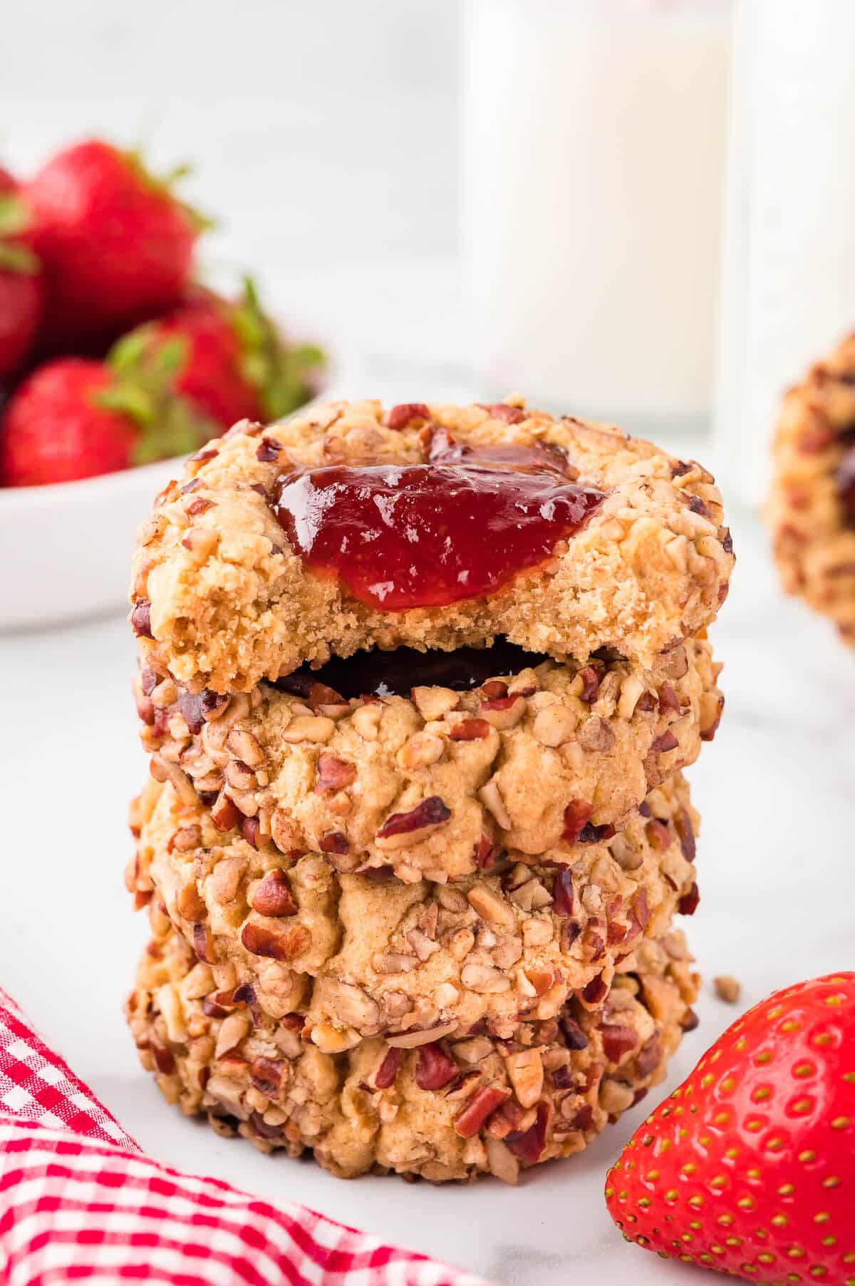 A stack of thumbprint cookies.