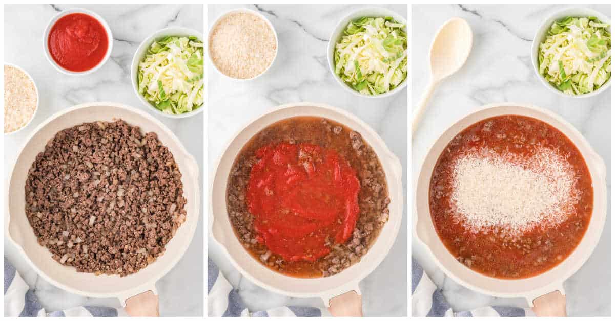 Collage of preparing the beef in a pan.