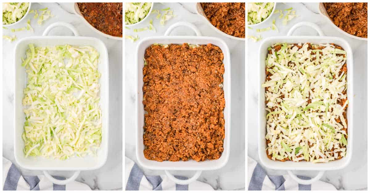 Collage of assembling the casserole.