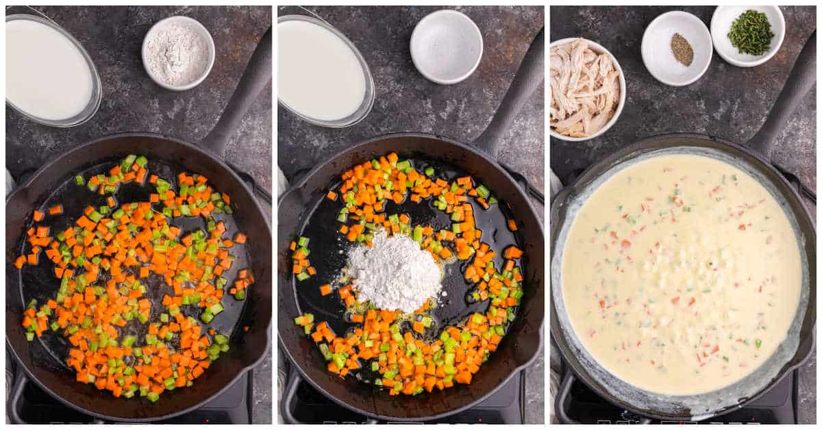 Steps to make cast iron skillet chicken pot pie.