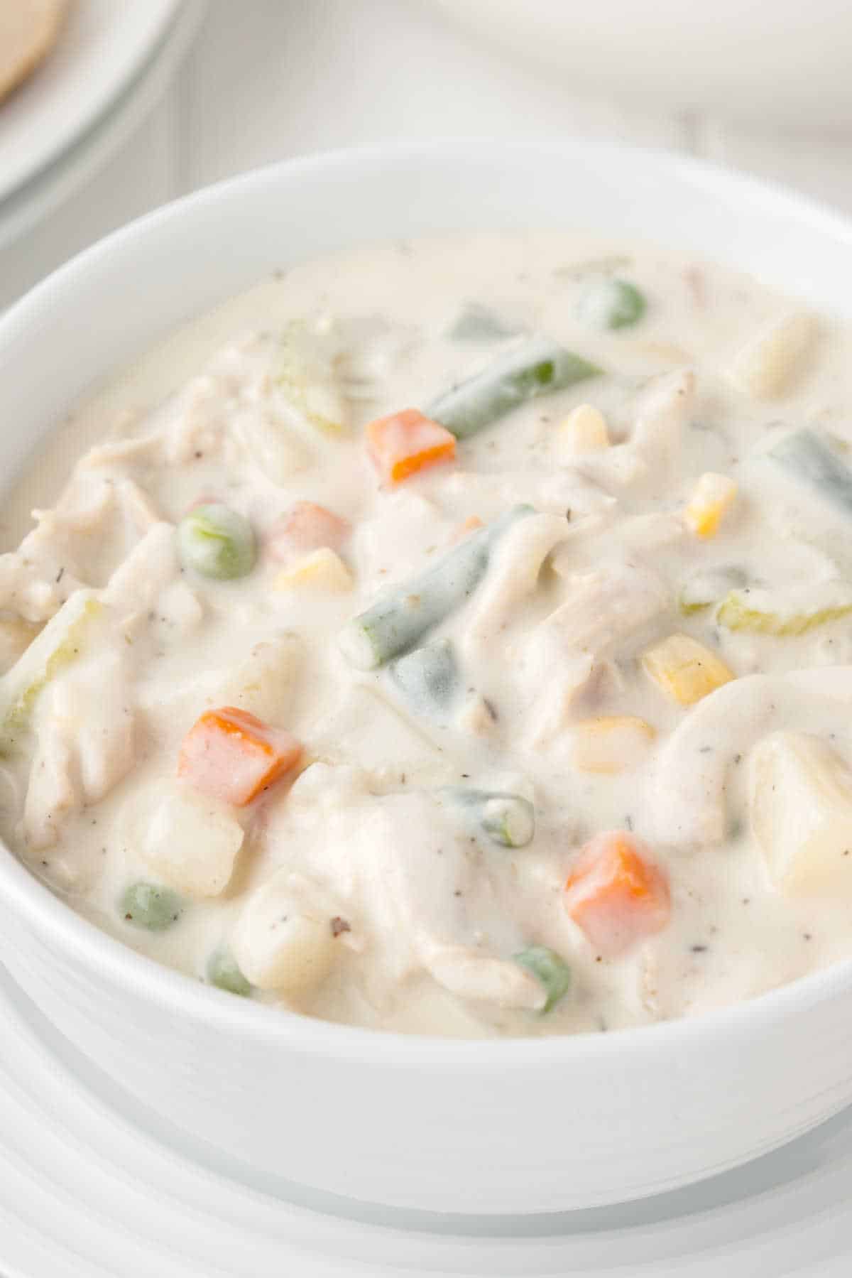 A bowl of chicken pot pie soup.