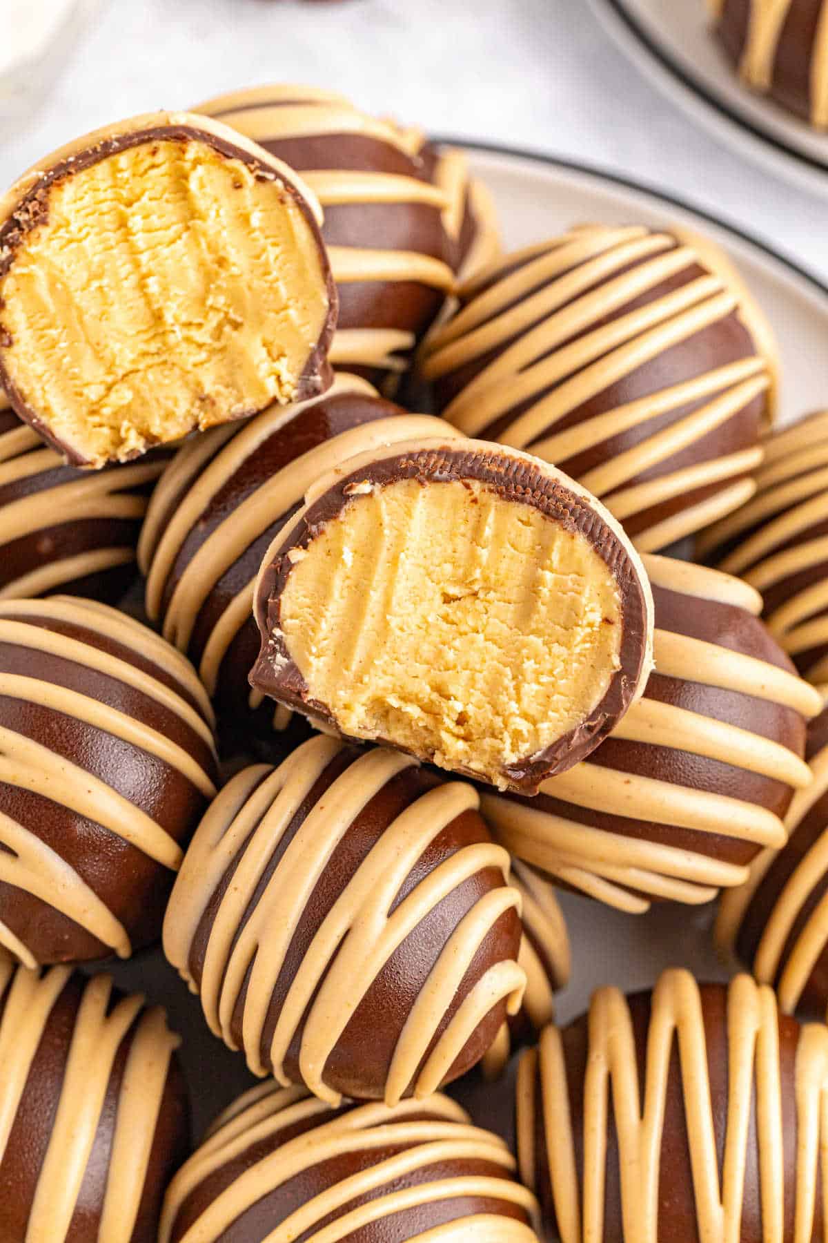Close up of chocolate peanut butter balls.
