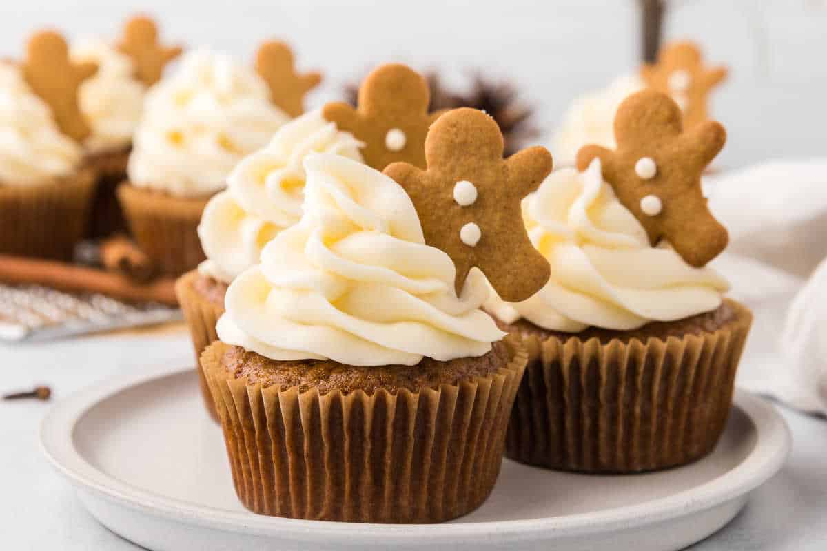 Gingerbread cupcakes on a plate.