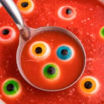 The recipe in a bowl with a ladle.
