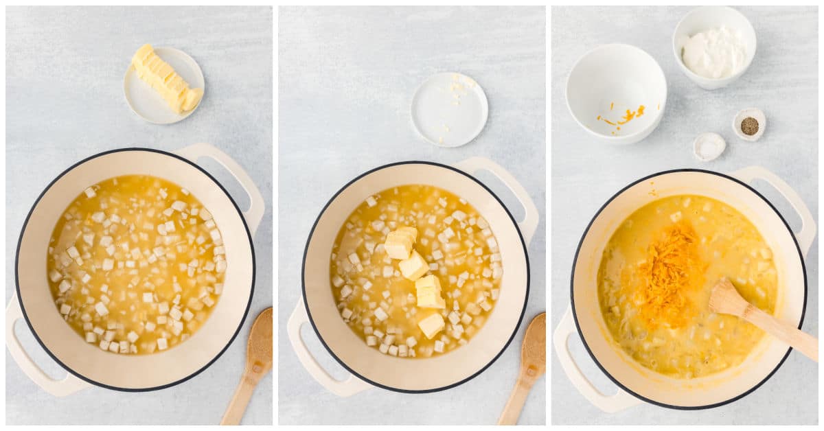 Collage of cooking the ingredients in a pot.