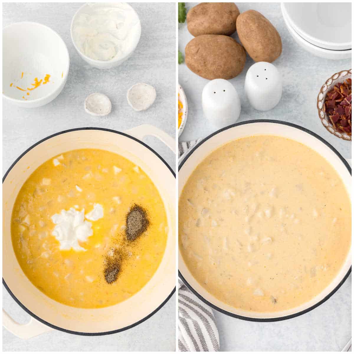 Collage of adding the cream and spices.