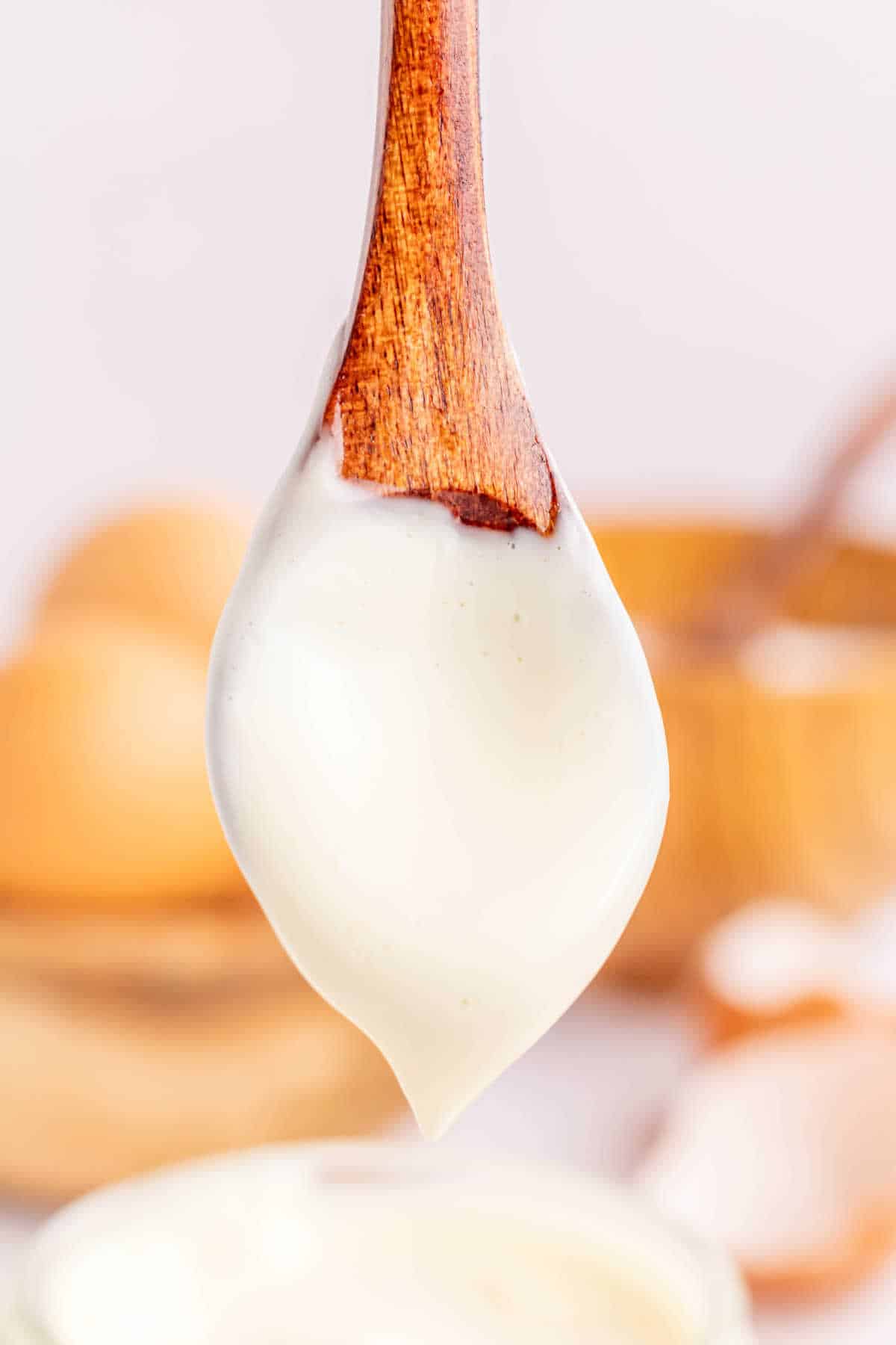 A wooden spoon covered in homemade mayonnaise.