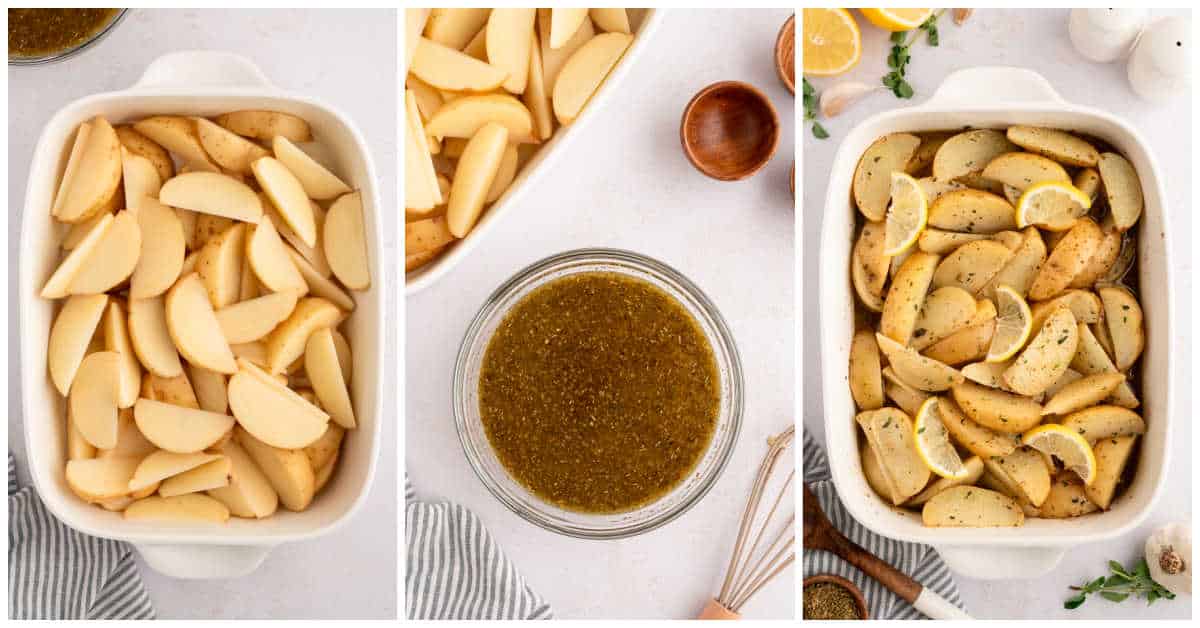 Collage of the recipe in pan being assembled and baked.