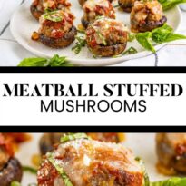 Meatball stuffed mushrooms pin image.