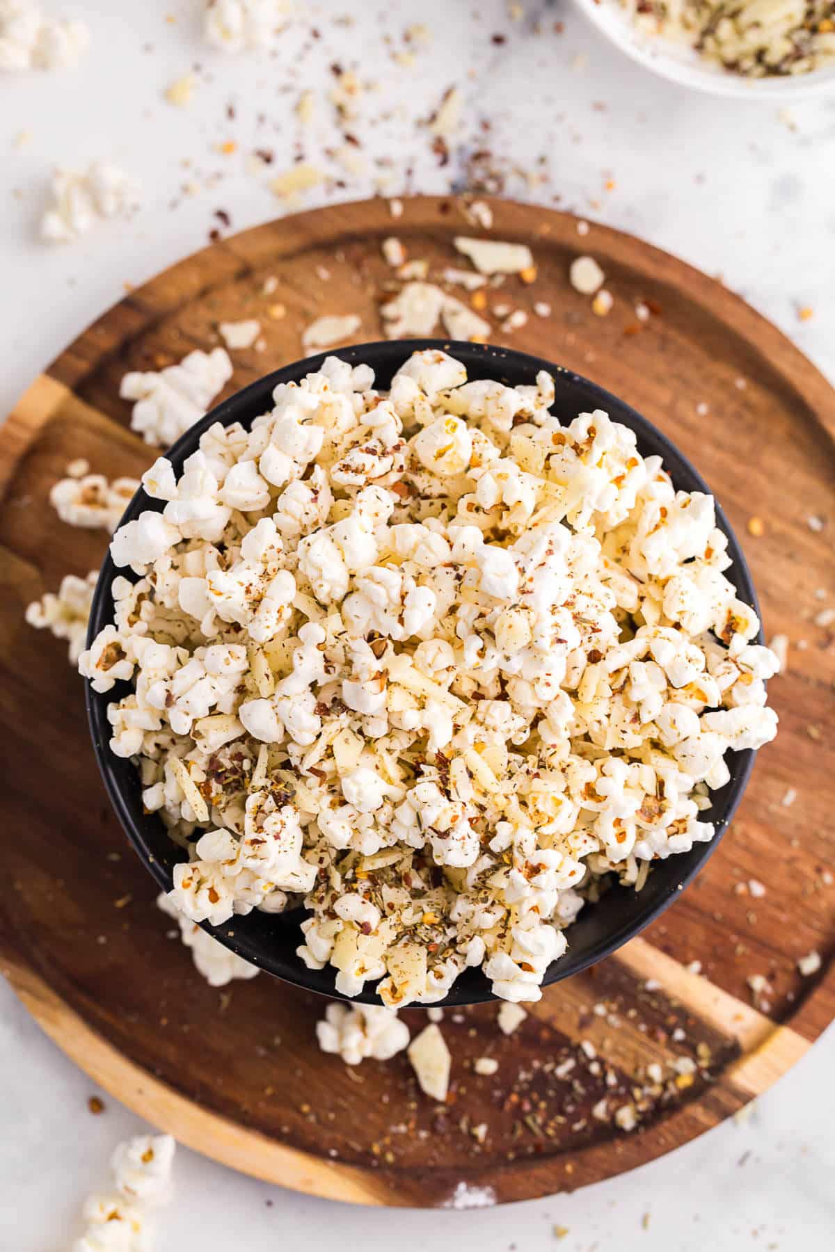 Pizza popcorn in a bowl.