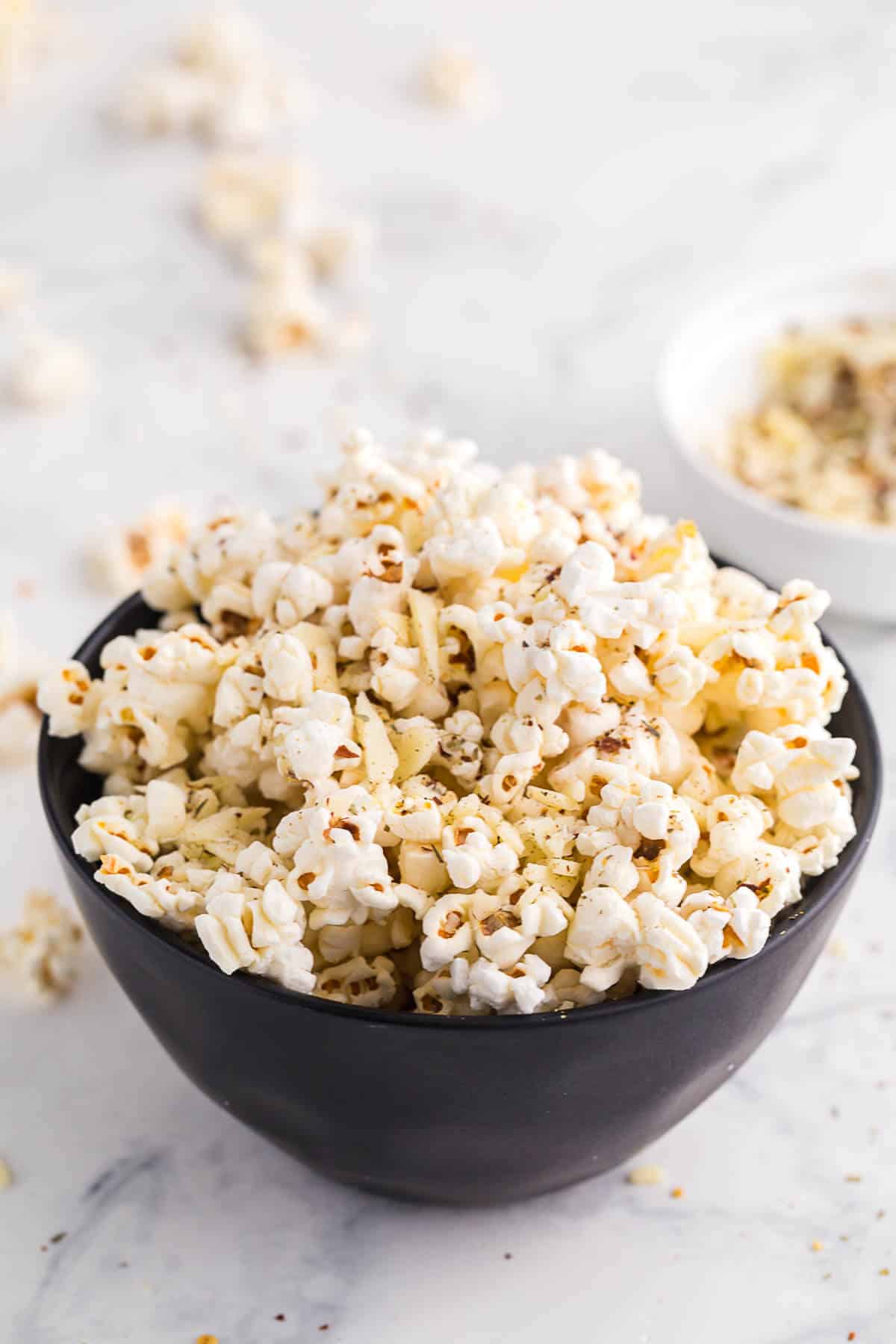 Pizza popcorn in a bowl.