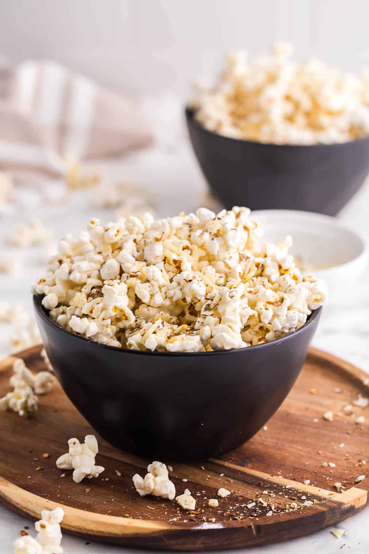 Pizza popcorn in a bowl.