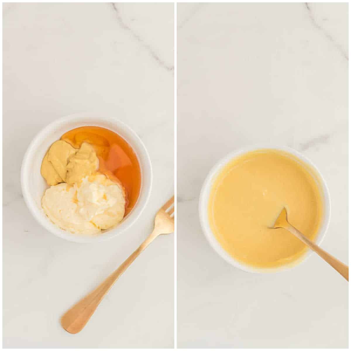 Steps to make honey mustard dipping sauce.