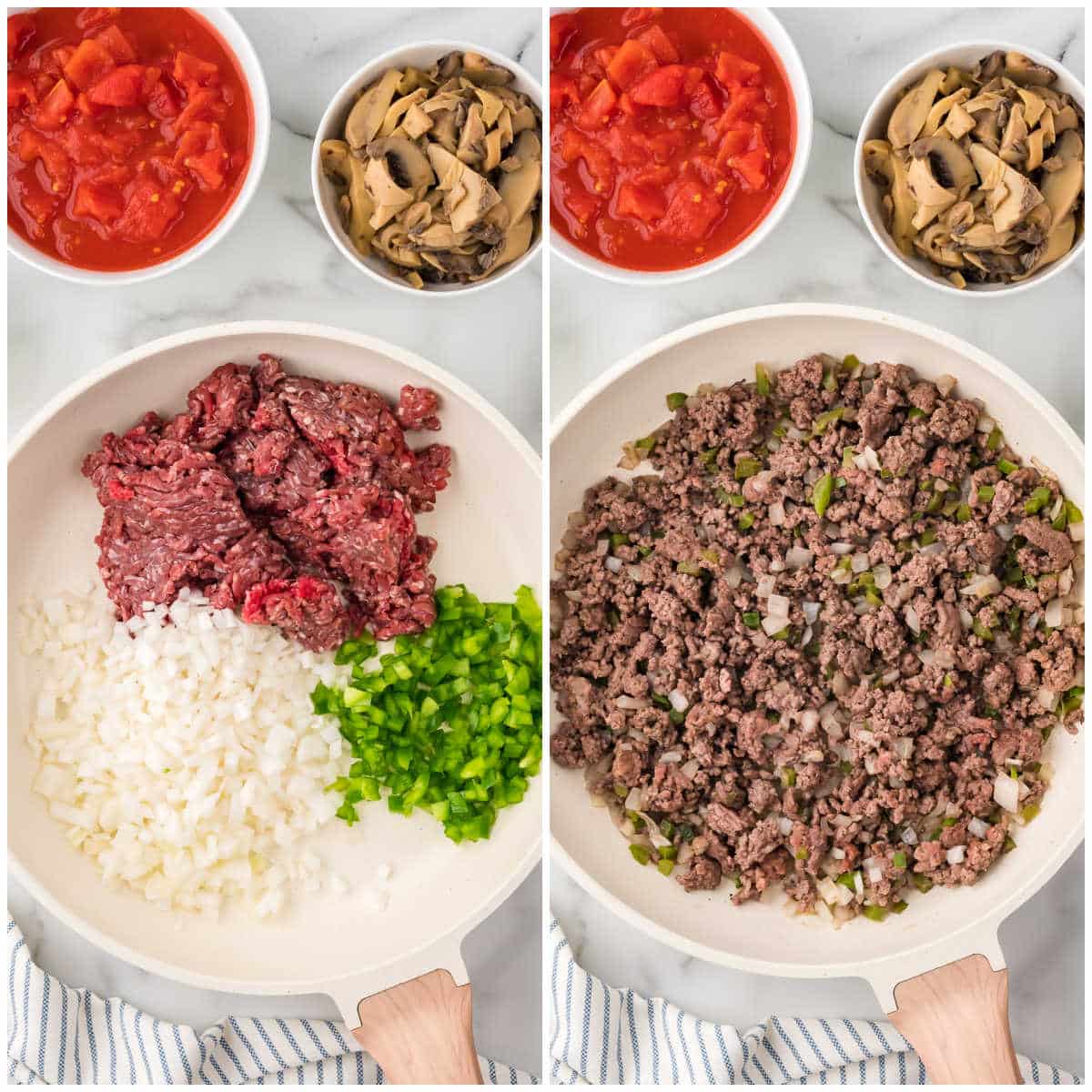 Collage of cooking the ground beef and veggies.