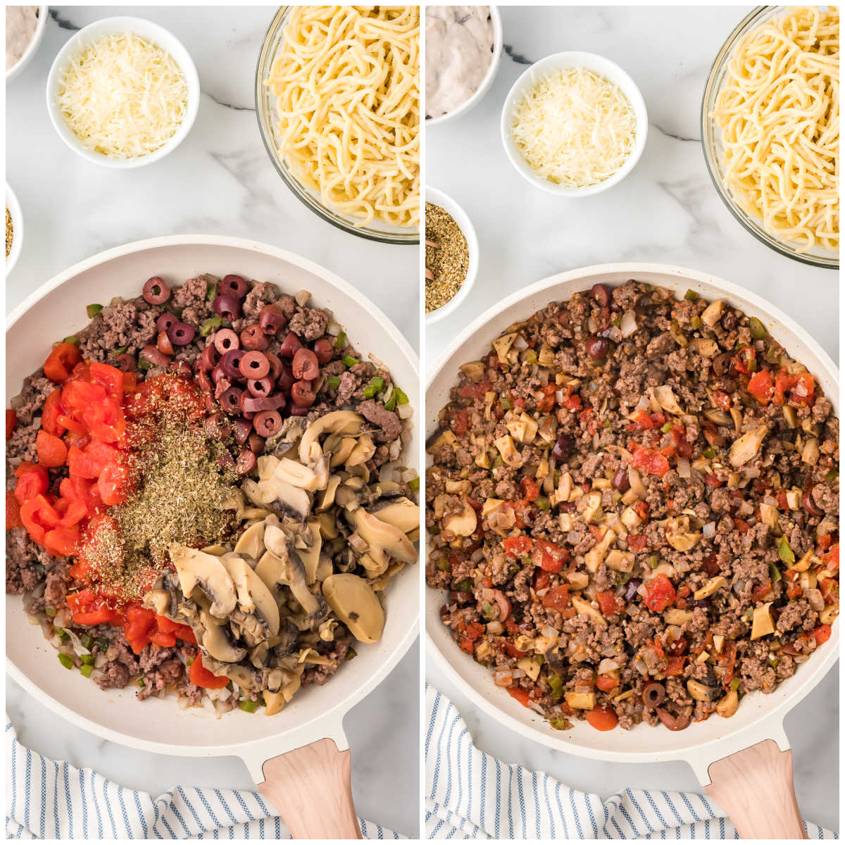 Collage of adding more ingredients and spices to the pot.