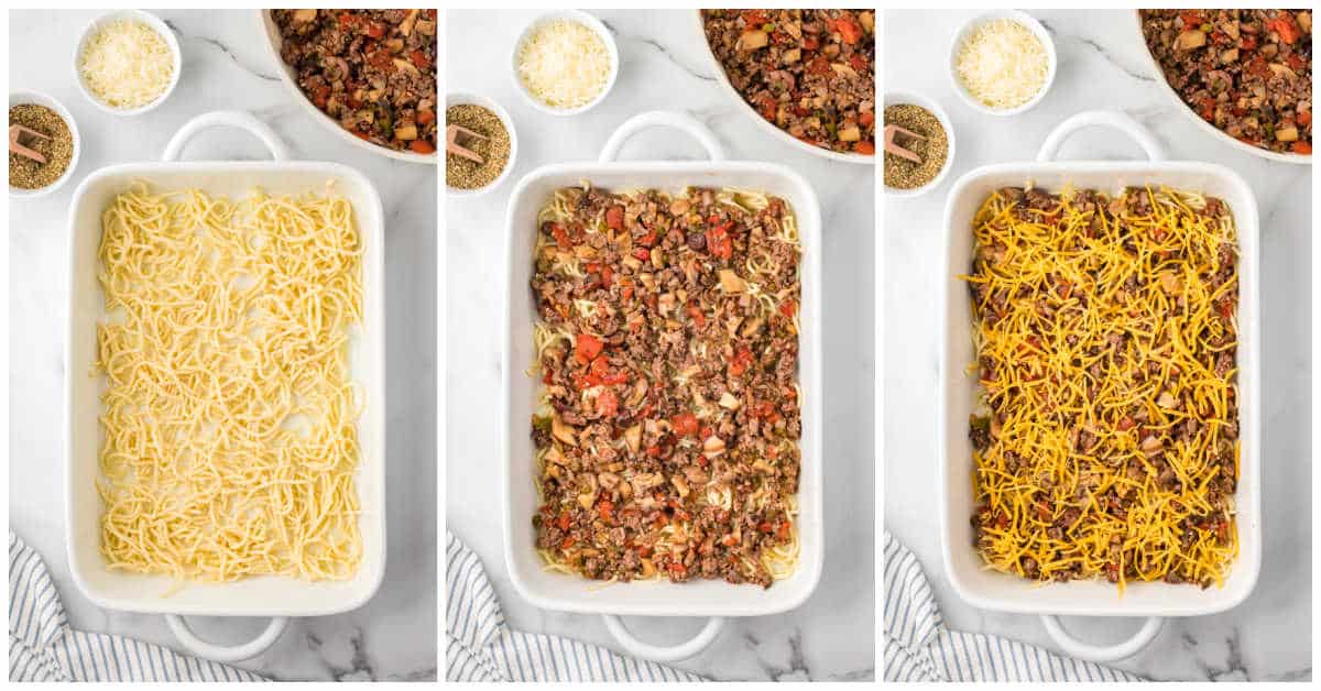Collage of adding the layers to the casserole dish.