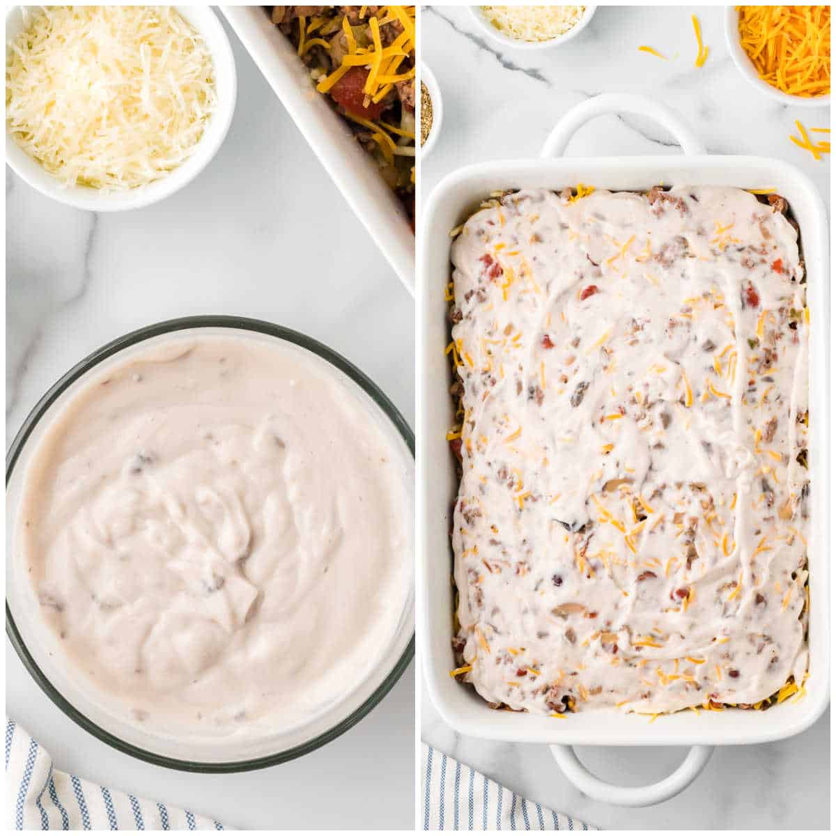 Collage of preparing the sauce and adding to the casserole dish.