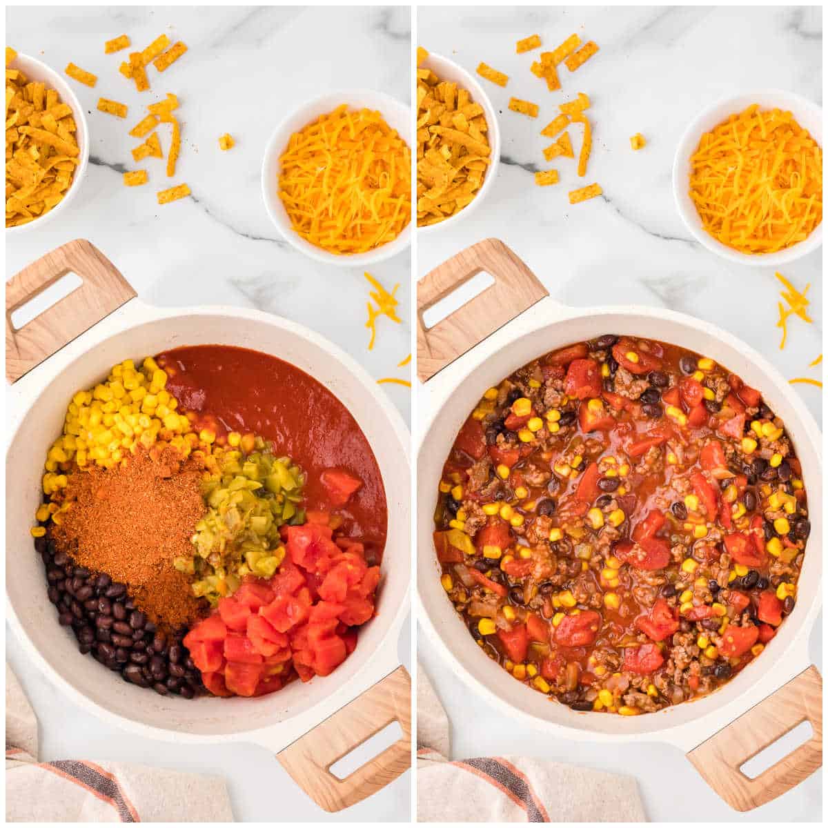 Steps to make taco chili.