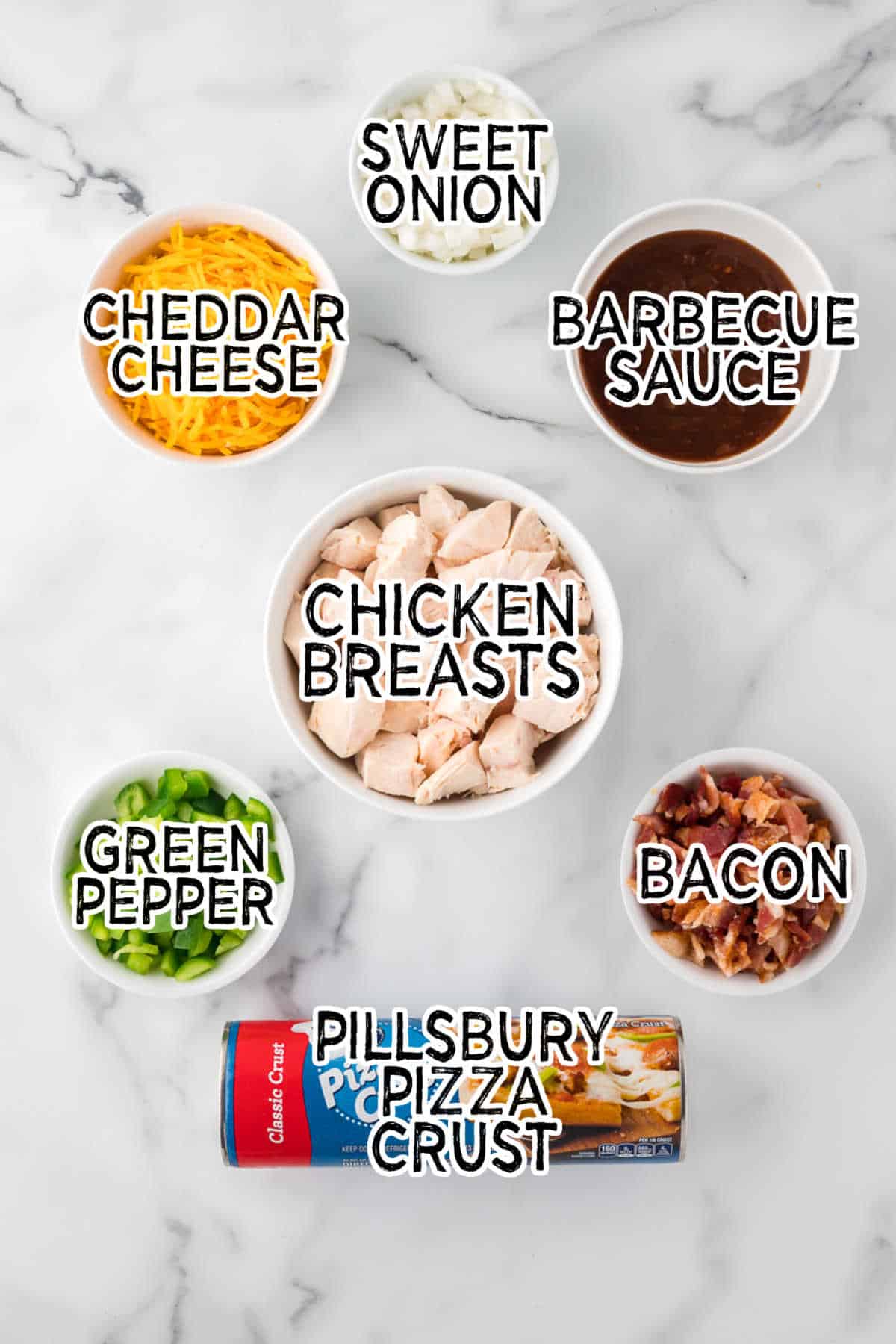 BBQ chicken pizza ingredients.