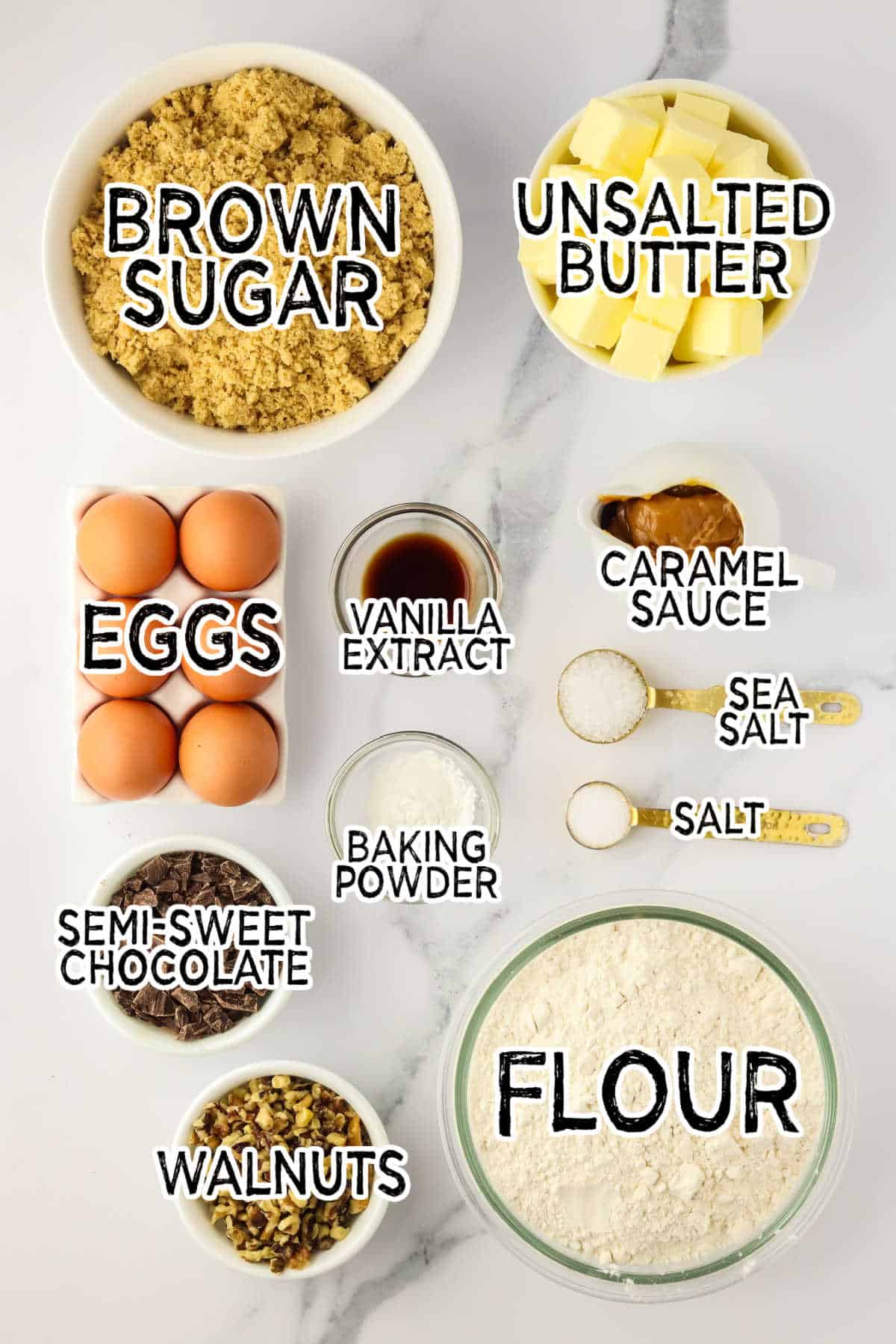 Ingredients on a white marble surface.