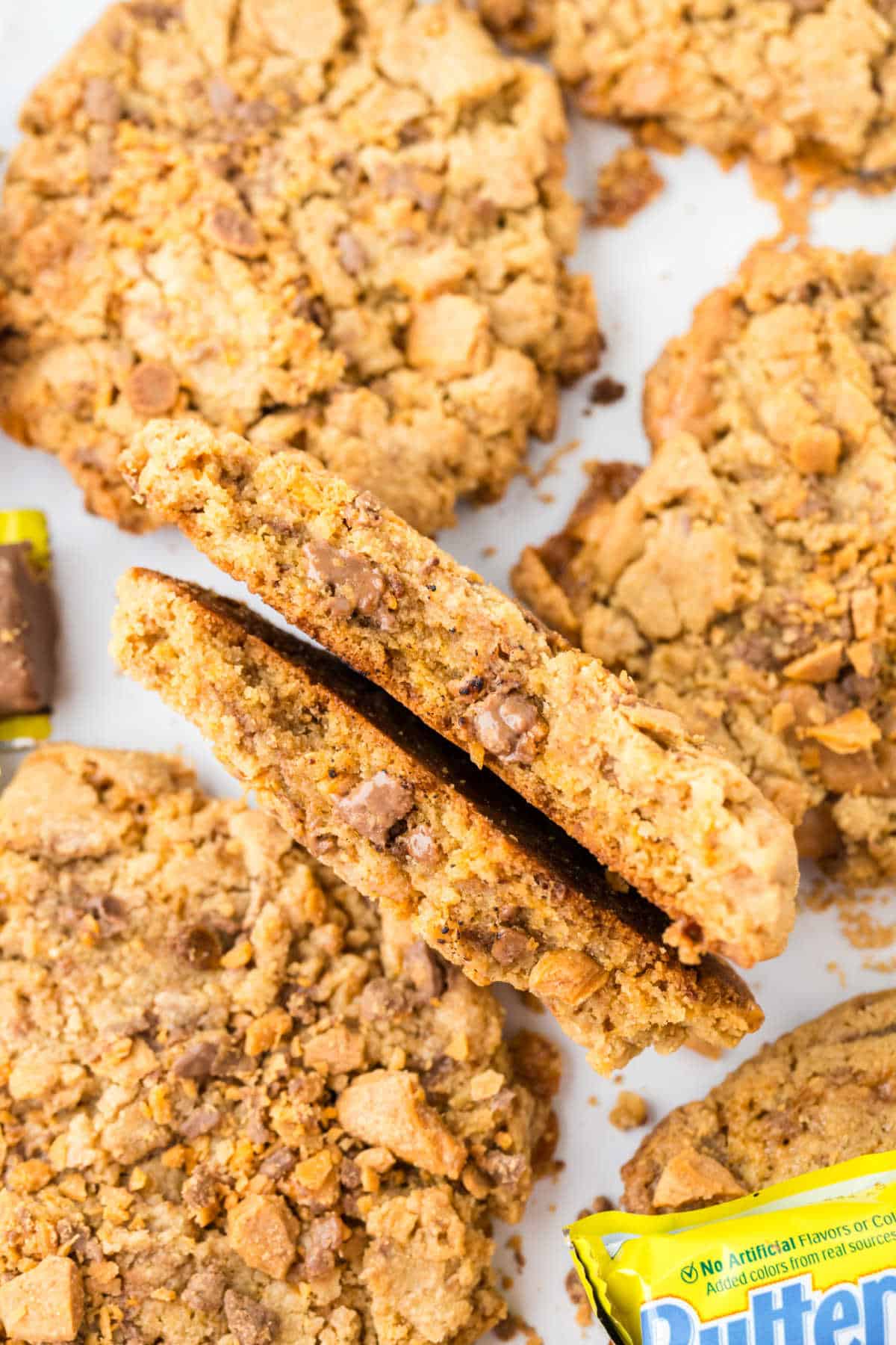 A butterfinger cookie broken in half.