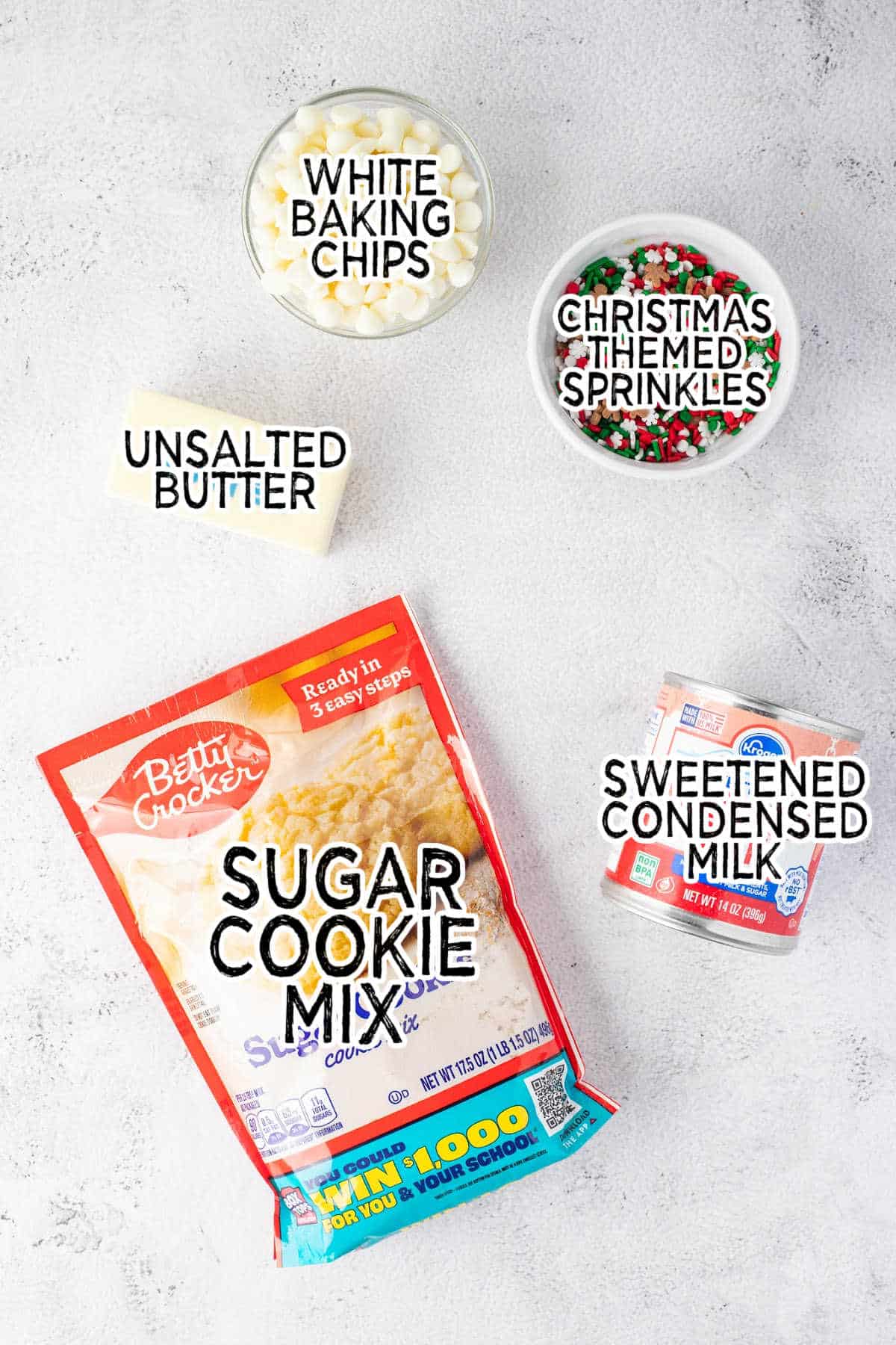 Ingredients to make Christmas sugar cookie fudge.