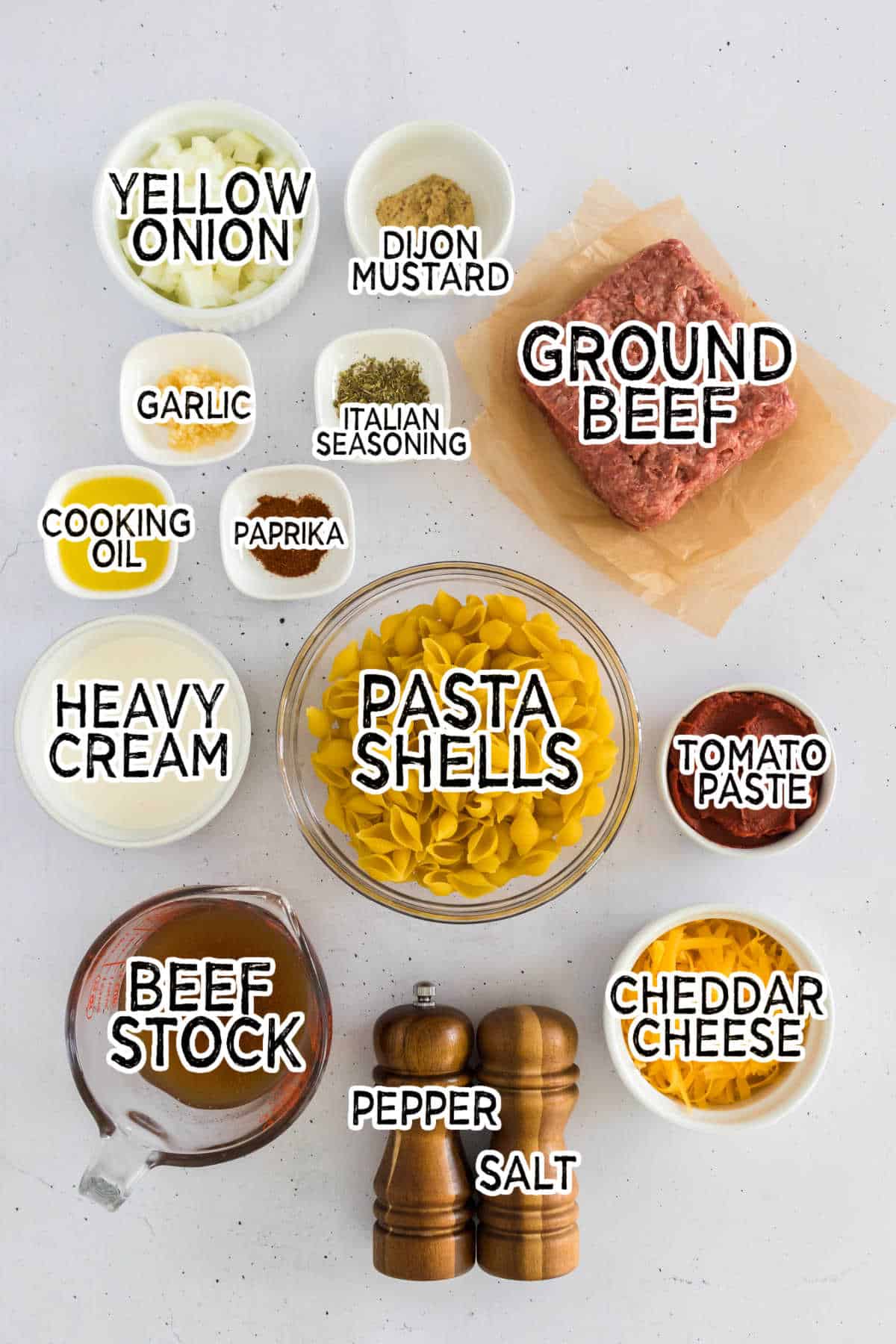 Ingredients to make creamy beef and shells.