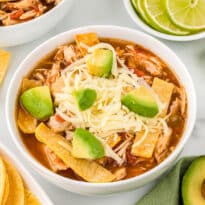 The soup in a bowl with toppings.