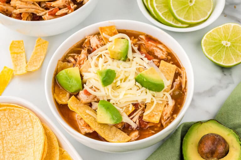 The soup in a bowl with toppings.