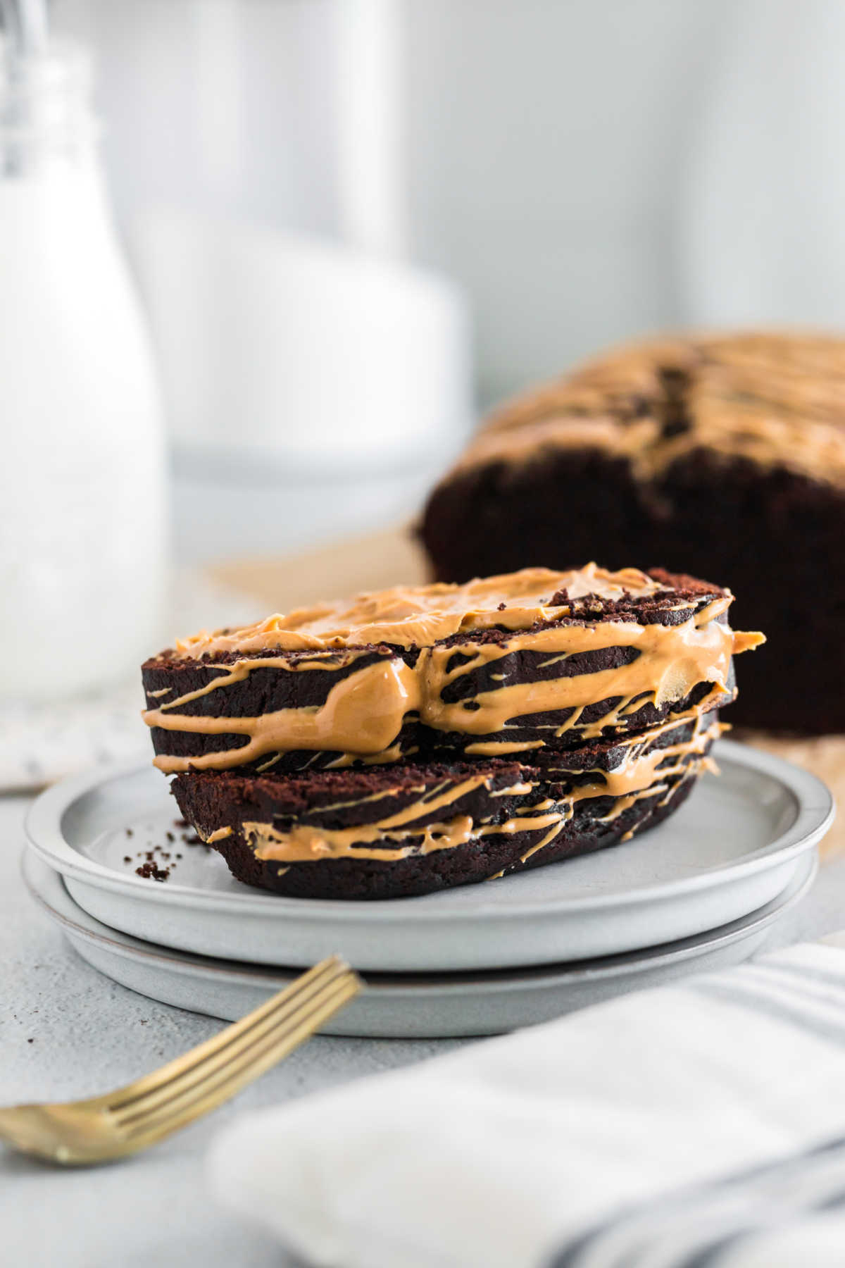 A stack of chocolate peanut butter banana bread.