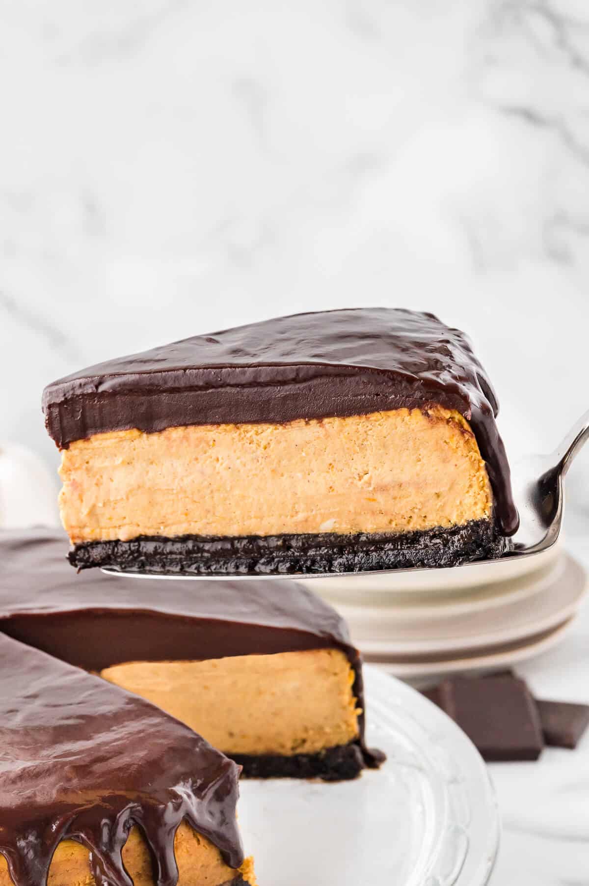 A slice of chocolate pumpkin cheesecake on a spatula.