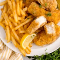 The recipe on a plate with fries.